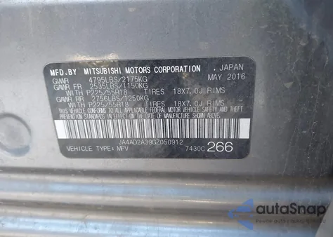 2016 Mitsubishi Outlander Es z USA, uszkodzony, nr VIN JA4AD2A39GZ050912